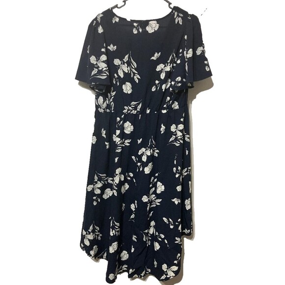 Shein Curve Women's Plus Size 1X Faux Wrap Midi Dress V Neck Navy Blue  Floral - Picture 2 of 5